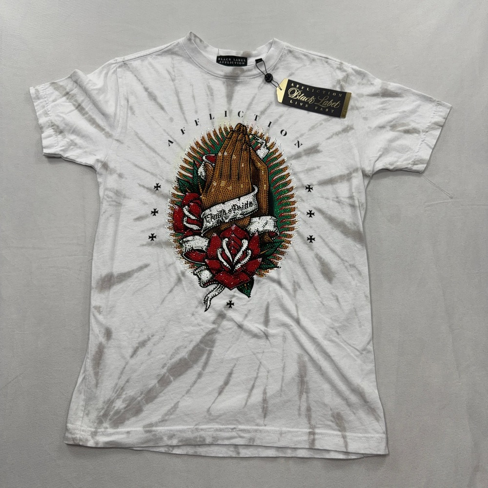 Affliction T-Shirt Black Label Pure Apstl Rhinestone Tie Dye White Mens XS NWT